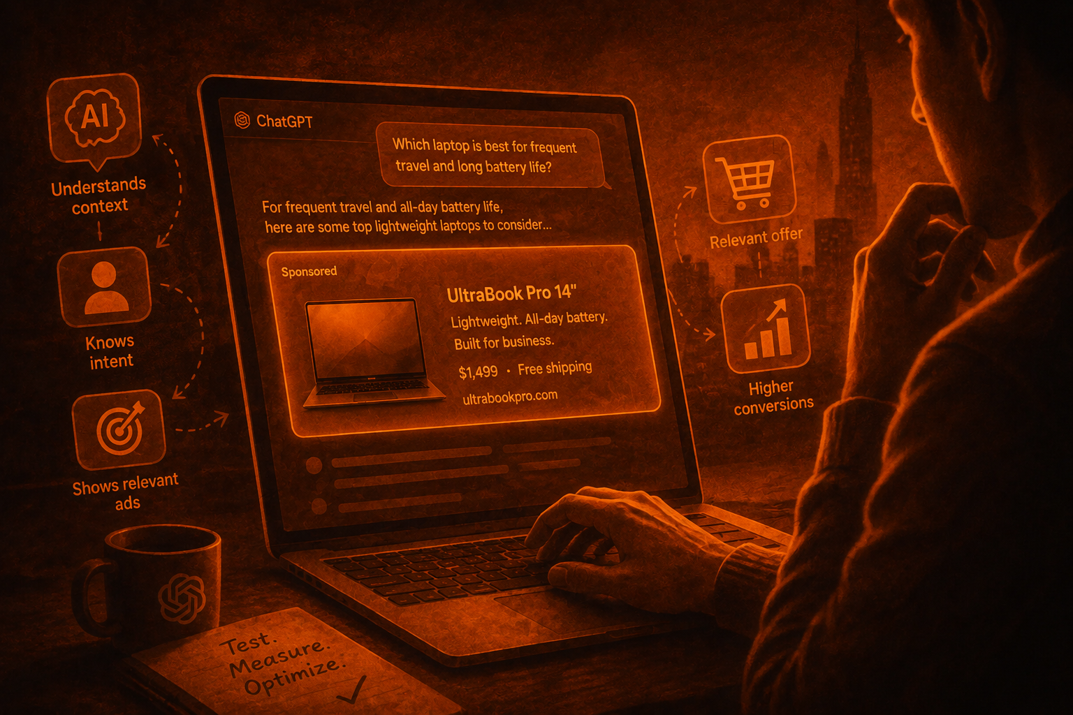 ChatGPT Ads example showing a sponsored laptop ad matched to a user's conversational buying intent.