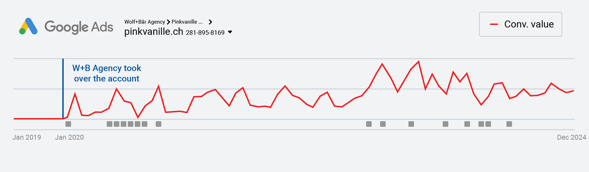 Google-Ads-Conversion-Wert von pinkvanille.ch zwischen Januar 2019 und Dezember 2024, ansteigend aus einer flachen Linie nach der Kontoübernahme durch Wolf+Bär im Januar 2020