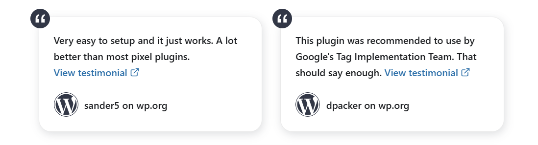Two reviews of the Pixel Manager plugin on WordPress.org, one calling it very easy to set up, the other noting it was recommended by Google's Tag Implementation Team
