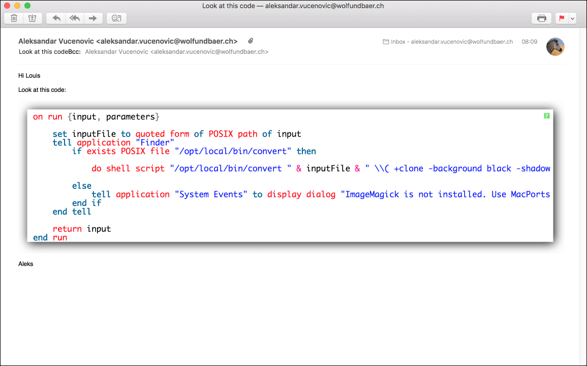 Ein Mailfenster mit dem AppleScript, das eine Datei durch den ImageMagick Befehl convert schickt, um einen Schlagschatten zu erzeugen