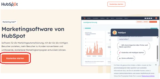 The German HubSpot Marketing Hub landing page with the Kostenlos starten button highlighted in red