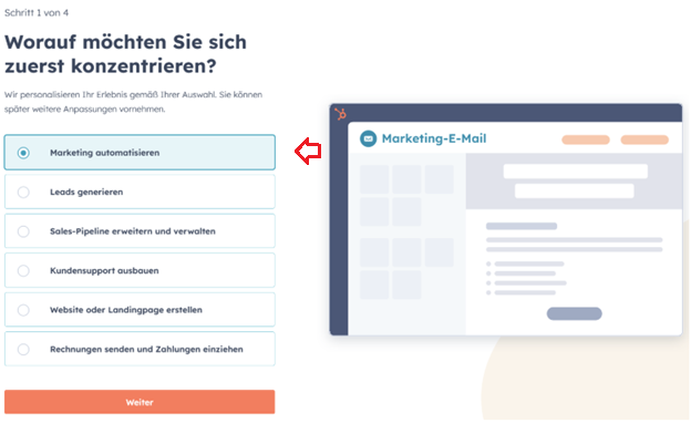 Step 1 of the HubSpot onboarding asking what to focus on first, with Marketing automatisieren selected