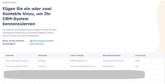 Step 3 of the HubSpot onboarding, a table of two sample contacts with first name, last name, email, job title and lead status