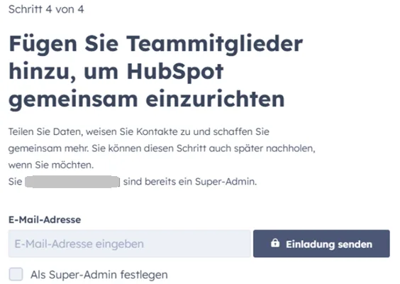 Step 4 of the HubSpot onboarding, a form to invite team members by email address