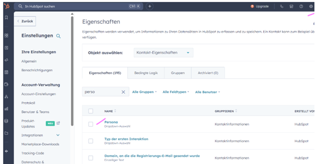 The HubSpot properties settings filtered for perso, with the Persona property highlighted in the list