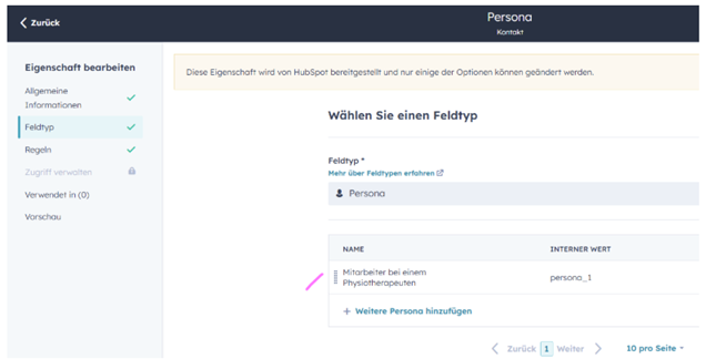 The HubSpot Persona property editor with one custom option named Mitarbeiter bei einem Physiotherapeuten and the internal value persono_1