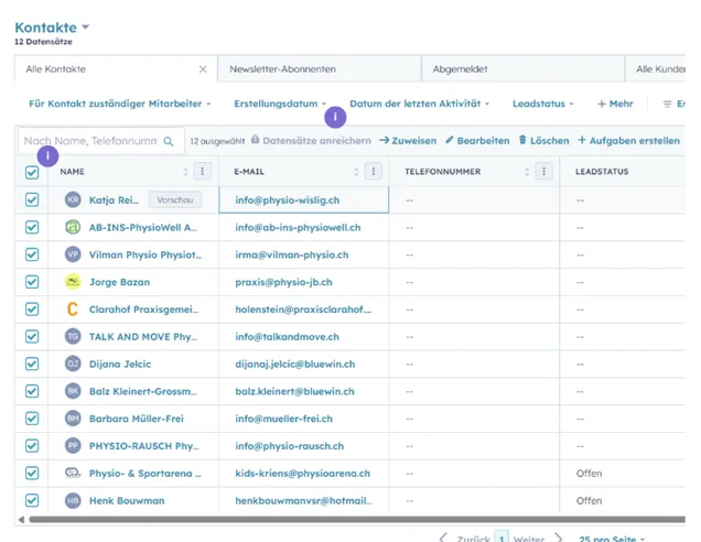 The HubSpot contact list with twelve imported physiotherapy practices selected, showing name, email and lead status columns