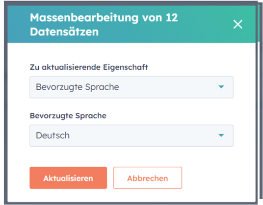 The same HubSpot bulk edit dialog setting the preferred language of all twelve records to German