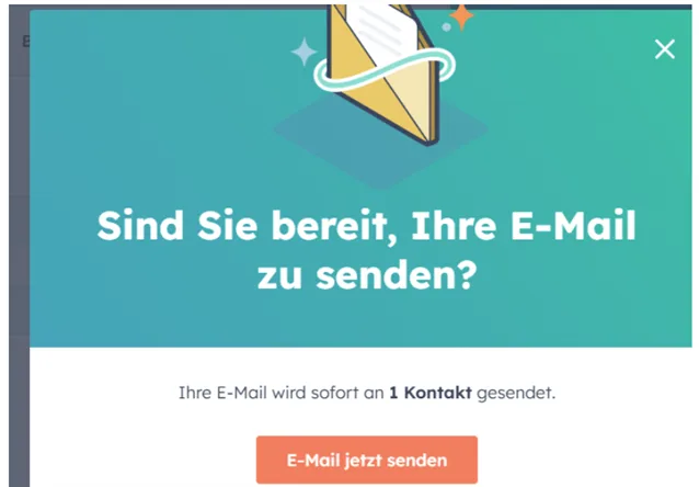 The HubSpot send confirmation asking whether the email is ready to go out, noting it will reach one contact