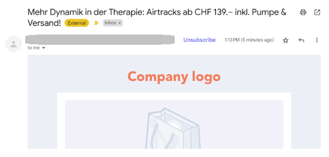 The delivered email in a Gmail inbox with the subject line about airtracks from CHF 139 including pump and shipping