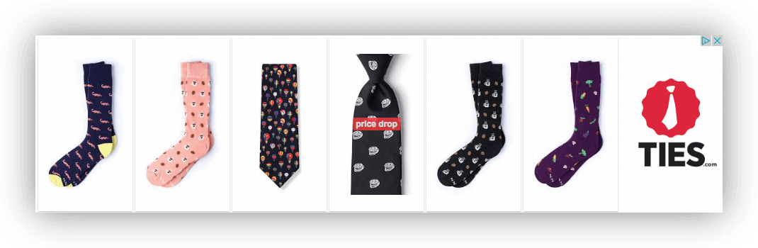 Ein dynamisches Remarketing-Banner von TIES.com mit sechs gemusterten Socken und Krawatten nebeneinander, eine davon mit einem Price-drop-Label