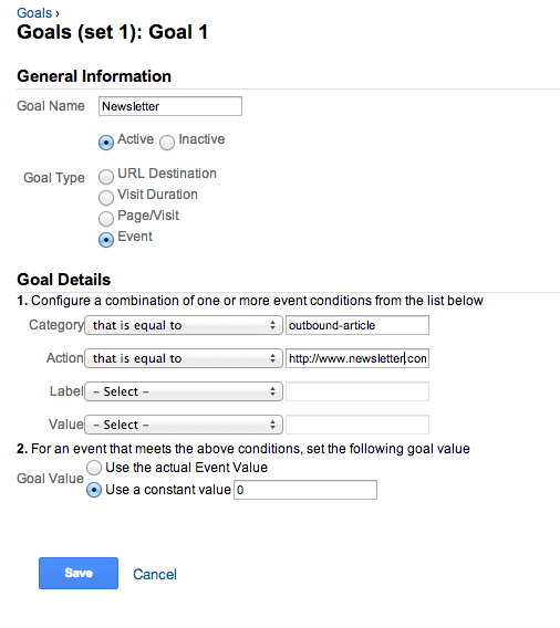 The Google Analytics goal editor with a goal named Newsletter set to type Event, category equal to outbound-article and action equal to the newsletter URL